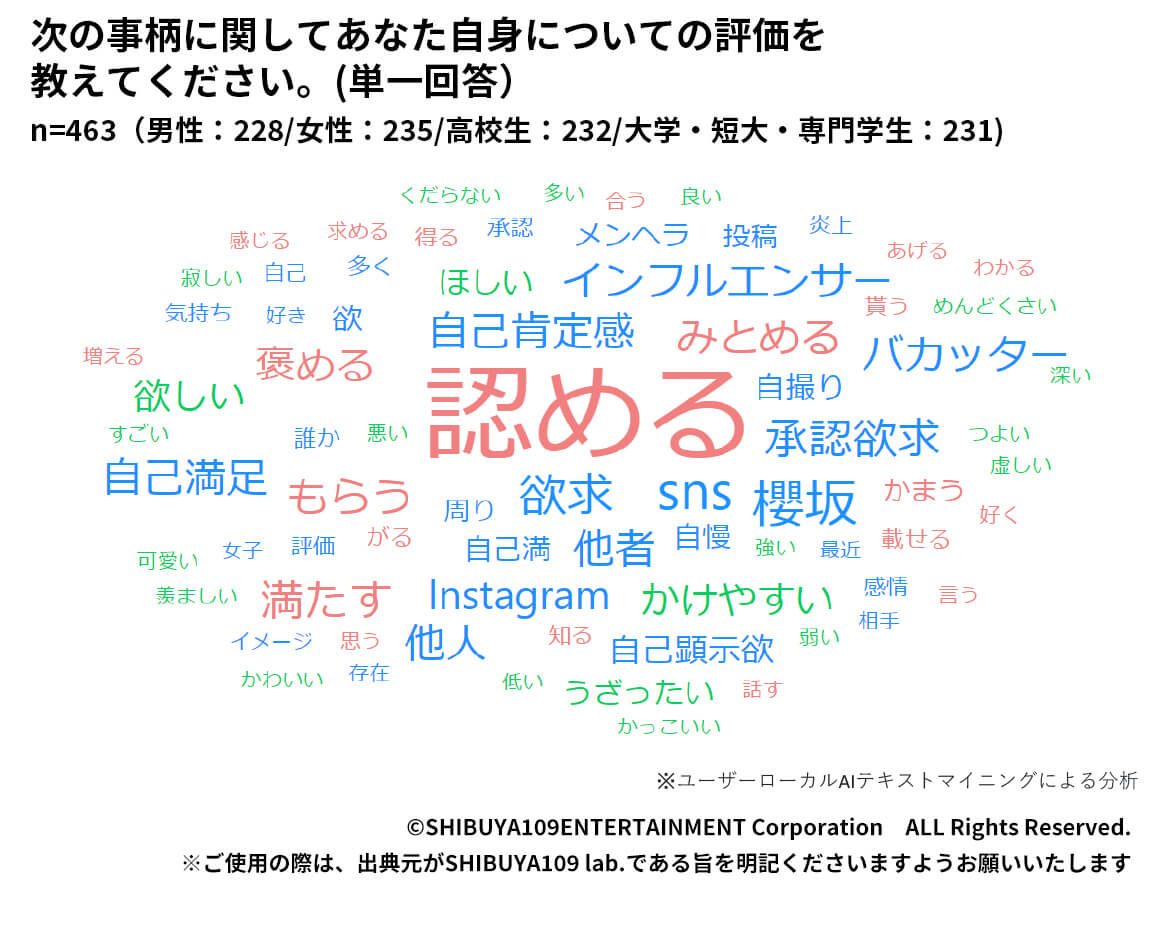 Z世代の承認欲求と聞いて思い浮かべた内容のマイニングテキスト