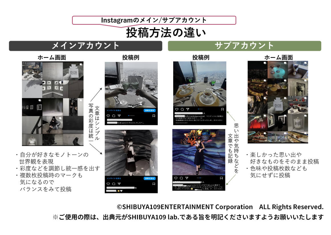 アカウント毎の投稿方法の違い